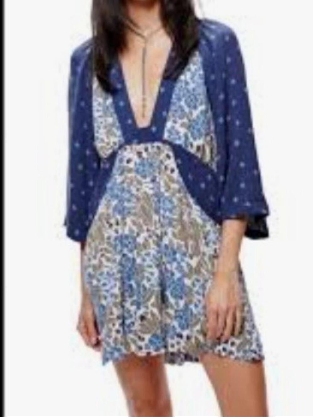 Free People Mini Dress Womens XS Blue Floral Kimono Sleeve Mixed Print Tunic